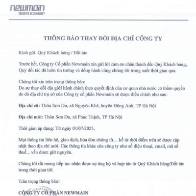 Thông báo: Thay đổi địa chỉ trụ sở chính Công ty Cổ phần Newmain